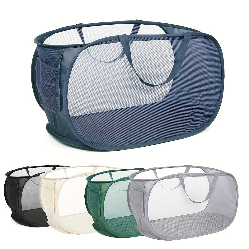Foldable Mesh Laundry Basket with Side Pocket Collapsible Clothes Storage