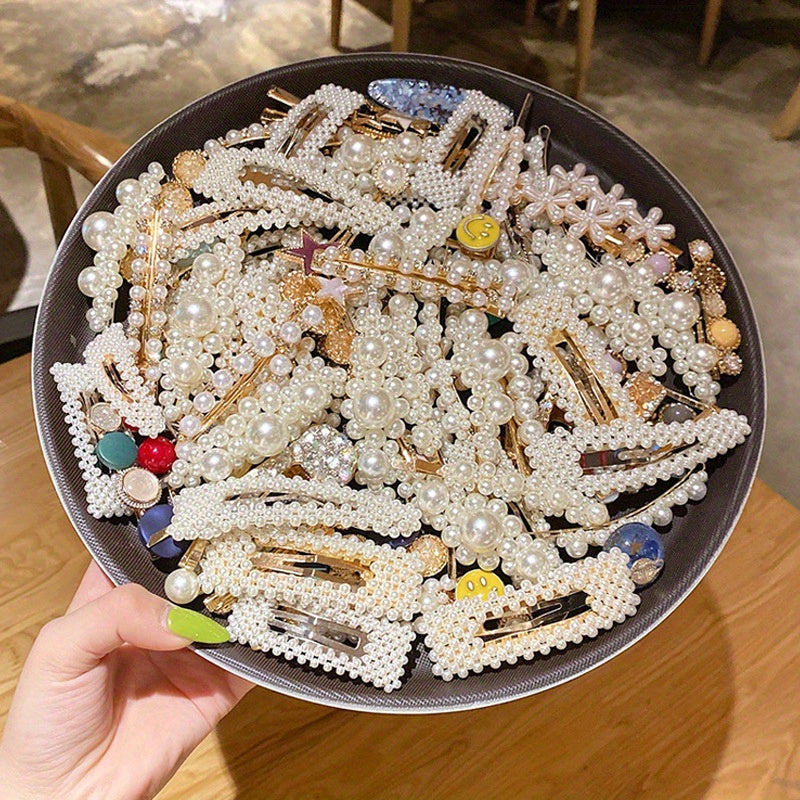 Set of 10 Sweet Style Pearl Hair Clips with Bow Ties and Solid Color Duckbill Grips for Women