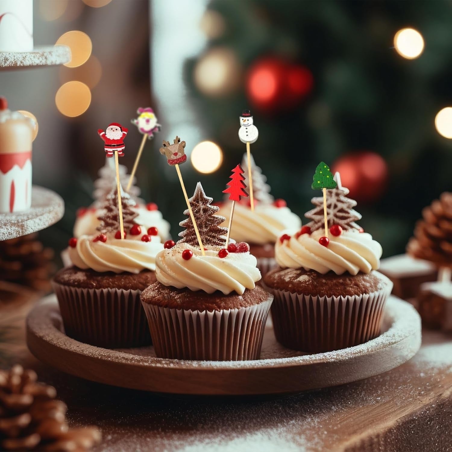 Christmas Cocktail Picks 50 Count with Santa Claus Snowman Tree Elk Toppers for Drinks and Appetizers