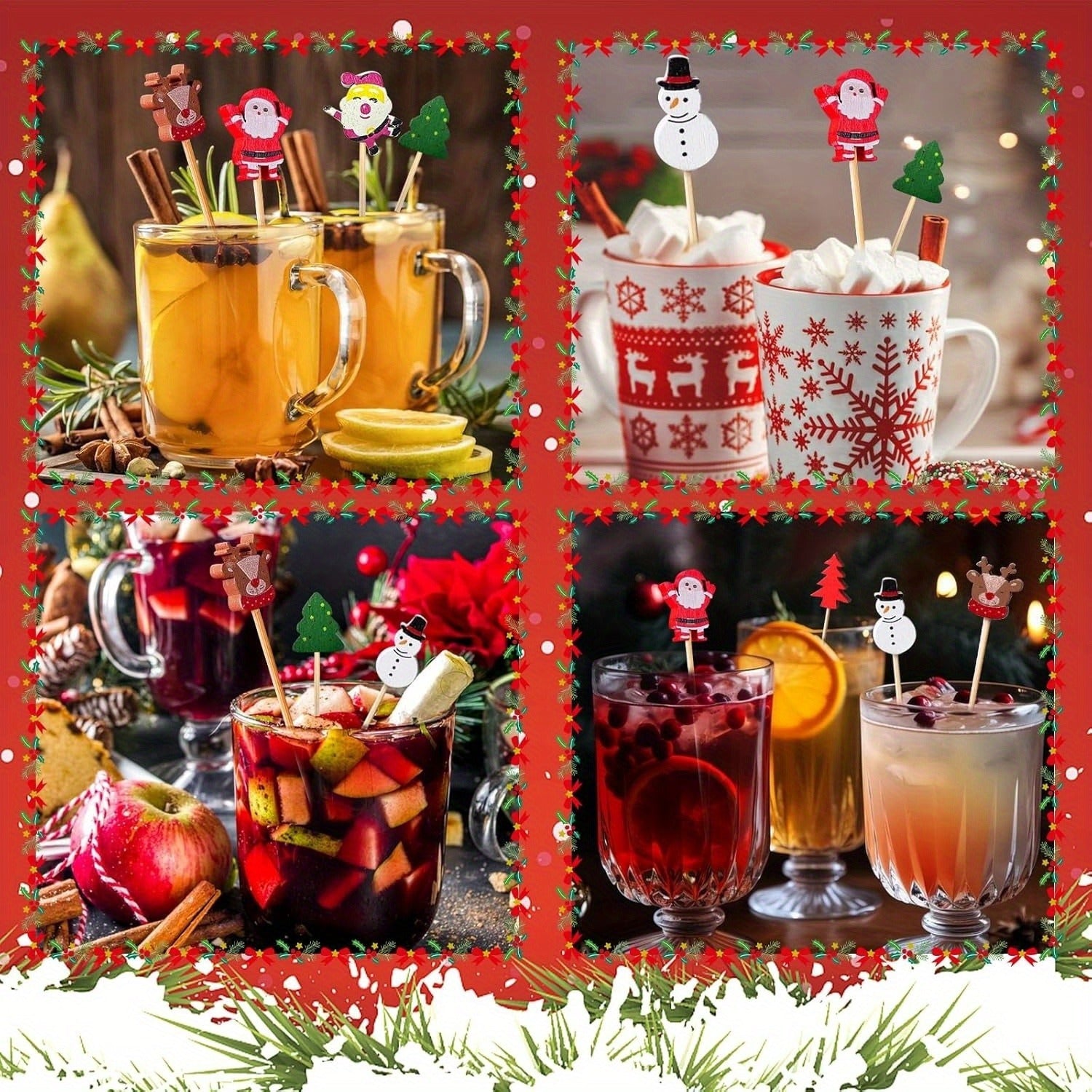 Christmas Cocktail Picks 50 Count with Santa Claus Snowman Tree Elk Toppers for Drinks and Appetizers