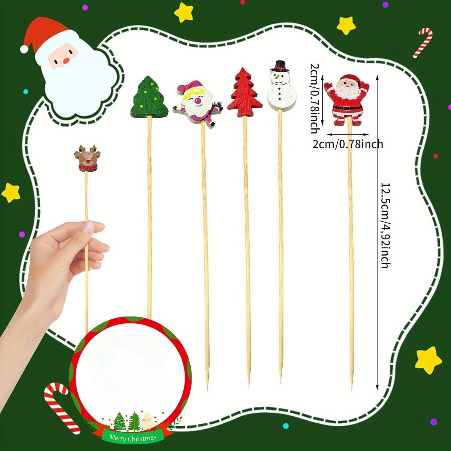 Christmas Cocktail Picks 50 Count with Santa Claus Snowman Tree Elk Toppers for Drinks and Appetizers