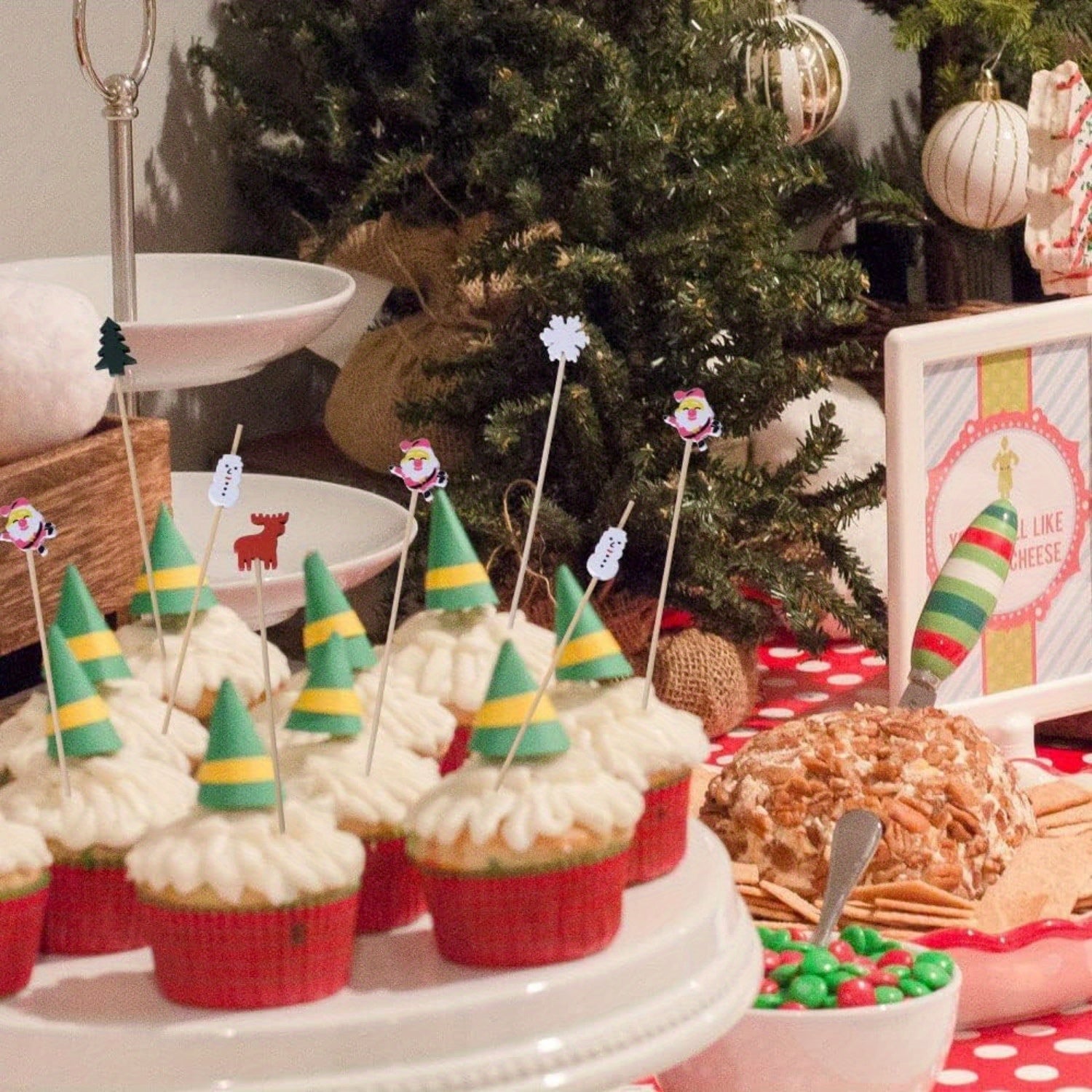 Christmas Cocktail Picks 50 Count with Santa Claus Snowman Tree Elk Toppers for Drinks and Appetizers