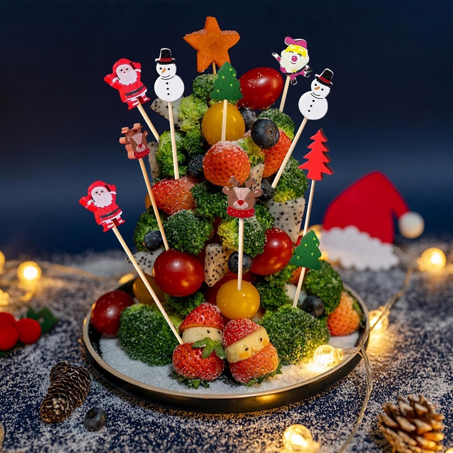Christmas Cocktail Picks 50 Count with Santa Claus Snowman Tree Elk Toppers for Drinks and Appetizers