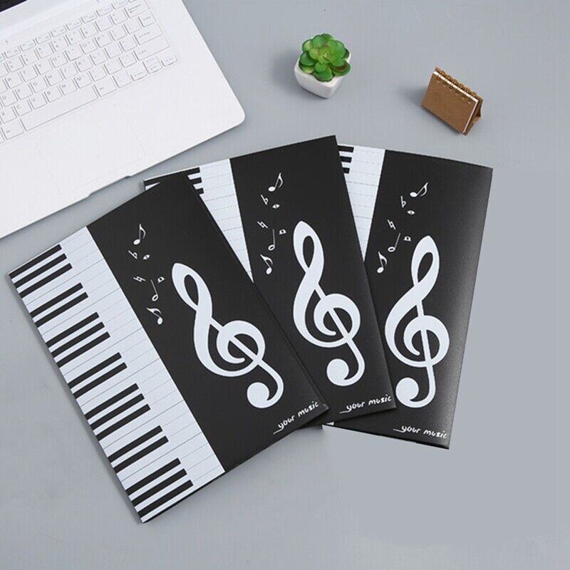 A4 Music Sheet Holder Black 3-Fold PP Plastic with Piano Keys and Notes for Performances Teachers and Gifts