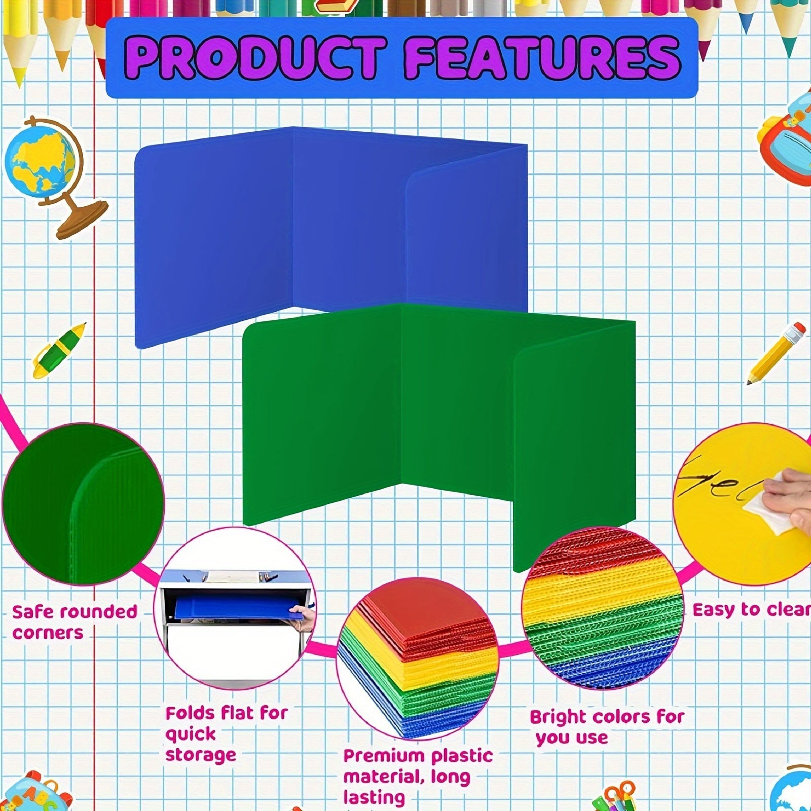 4 ta qizil plastik stol bo'linmalari to'plami - maktab va ish joylari uchun mustahkam, saqlash oson maxfiylik ekranlari