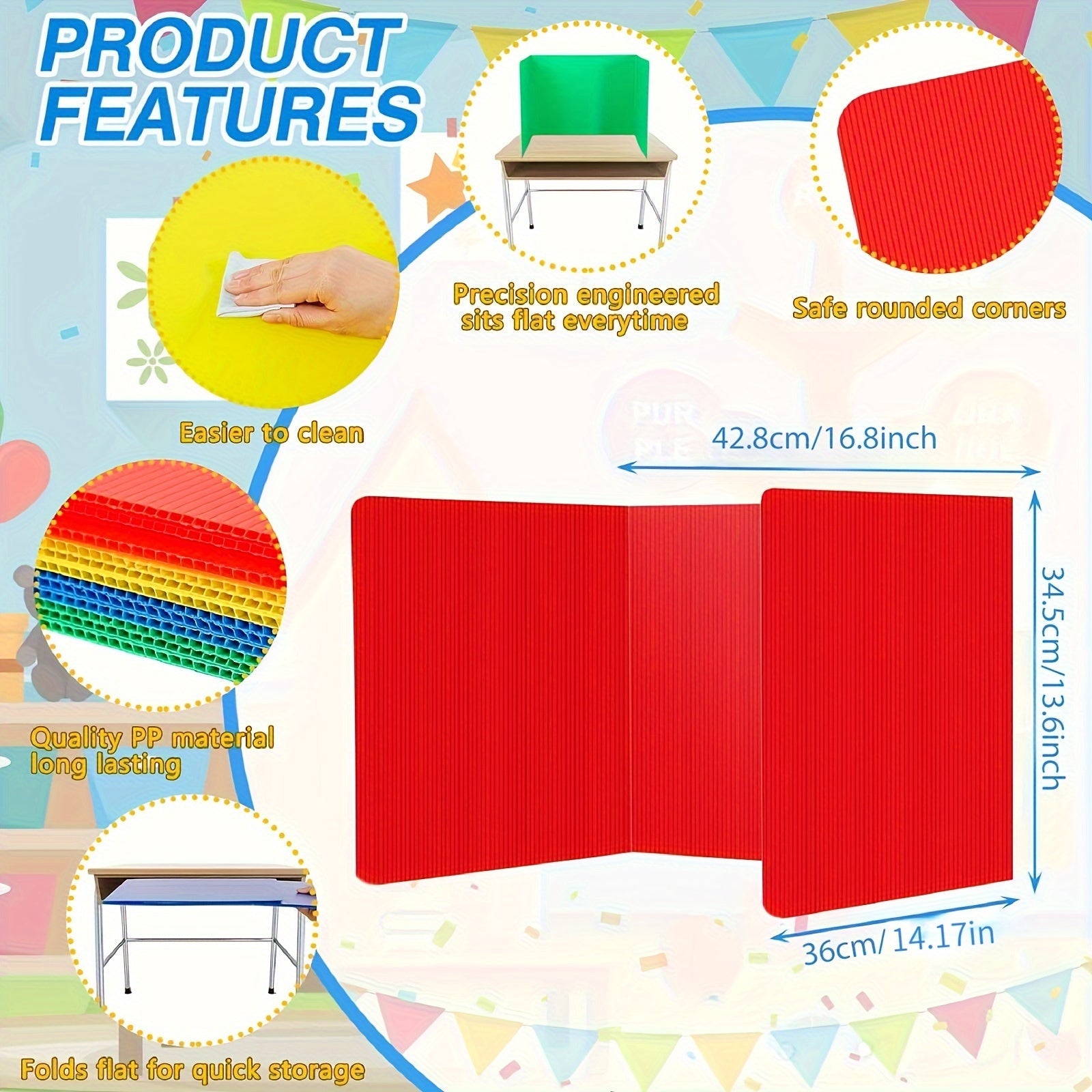 4 ta qizil plastik stol bo'linmalari to'plami - maktab va ish joylari uchun mustahkam, saqlash oson maxfiylik ekranlari