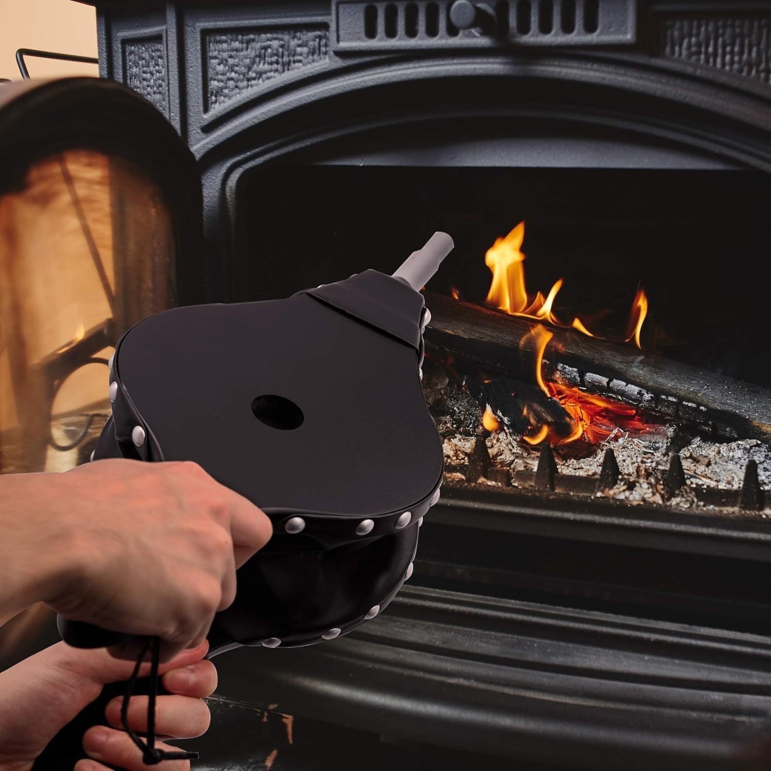 Black Fireplace Bellows Blower with Metal Nozzle, Hanging Strap, 40.64cm