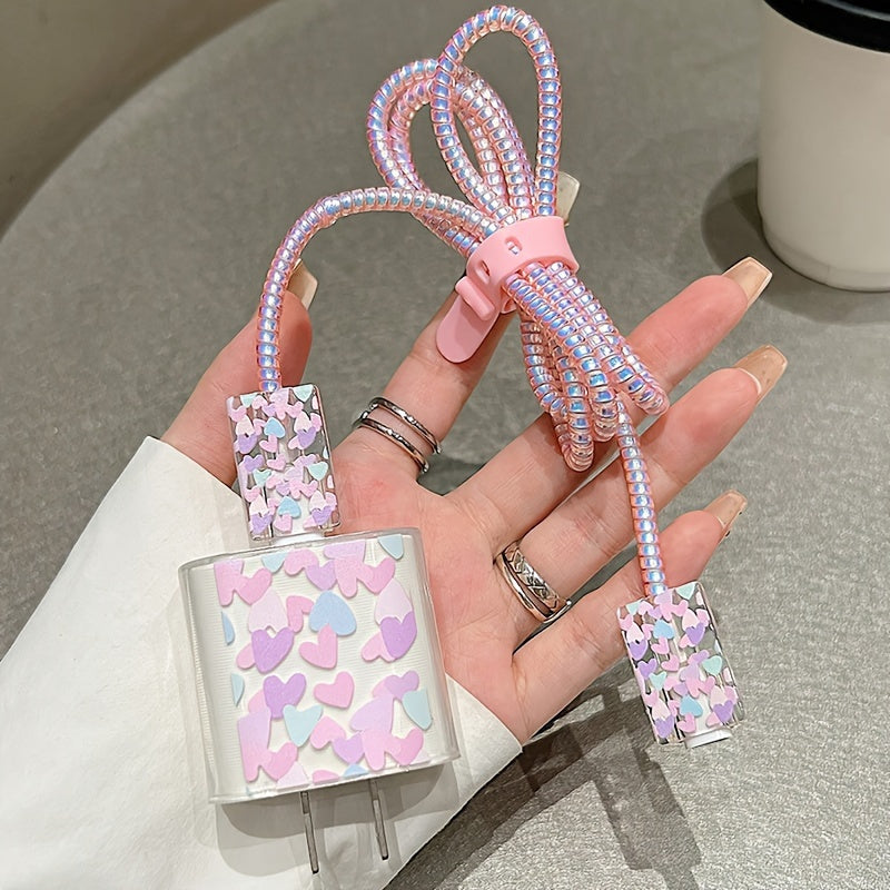 5 Pack Colorful Love Data Cable Protectors for iPhone 13/14/15 Pro Max with Lanyard Anti-Breakage Durable