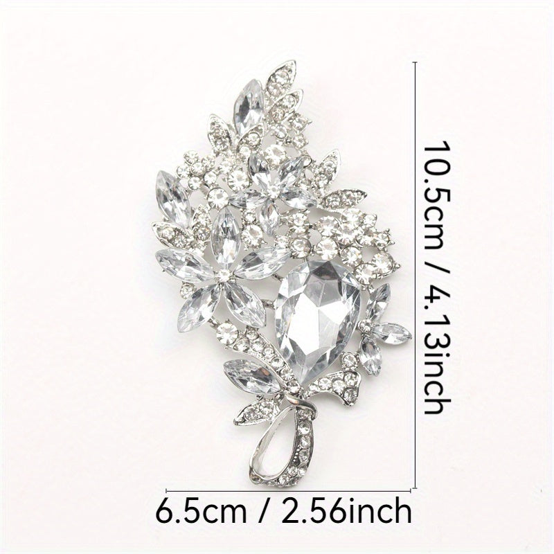 Oversized Crystal Glass Brooch with Rhinestones and Enamel Hollow-Out Design for Women