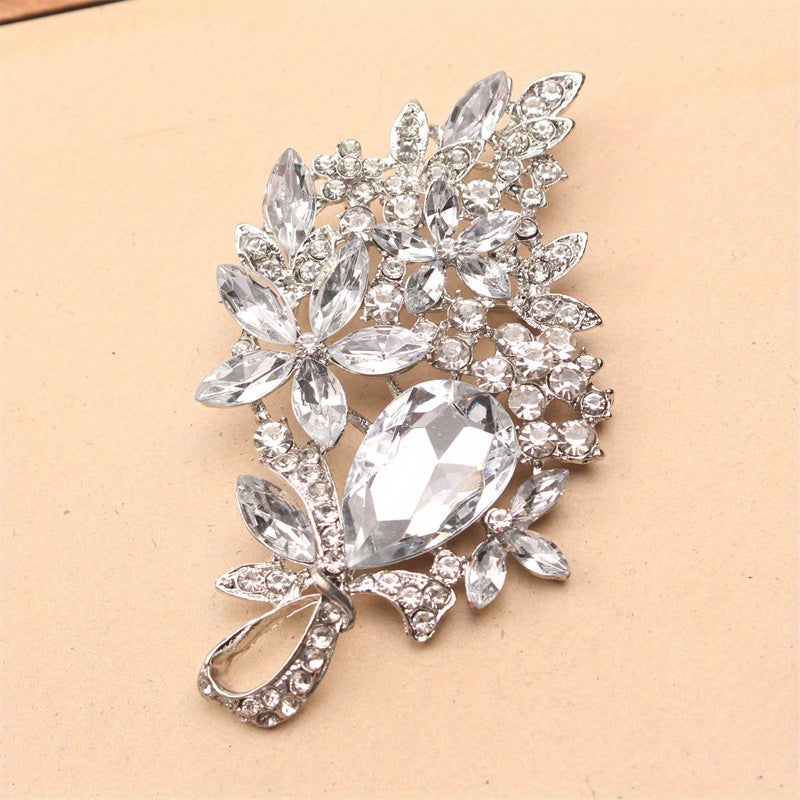 Oversized Crystal Glass Brooch with Rhinestones and Enamel Hollow-Out Design for Women