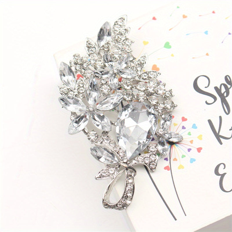 Oversized Crystal Glass Brooch with Rhinestones and Enamel Hollow-Out Design for Women
