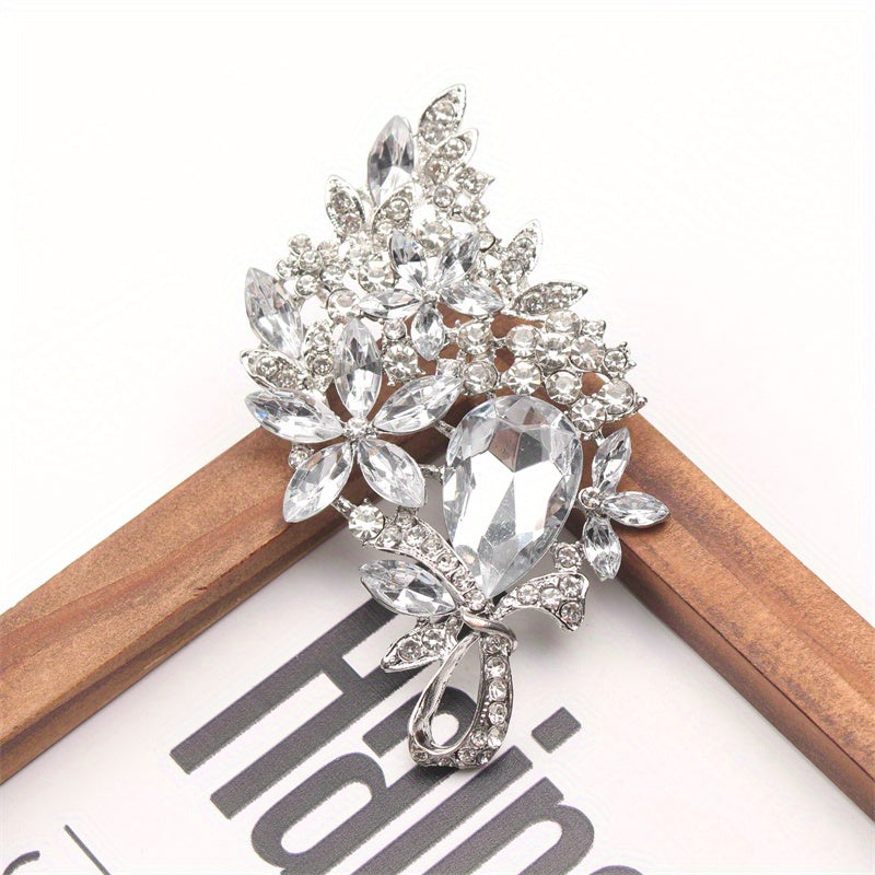 Oversized Crystal Glass Brooch with Rhinestones and Enamel Hollow-Out Design for Women