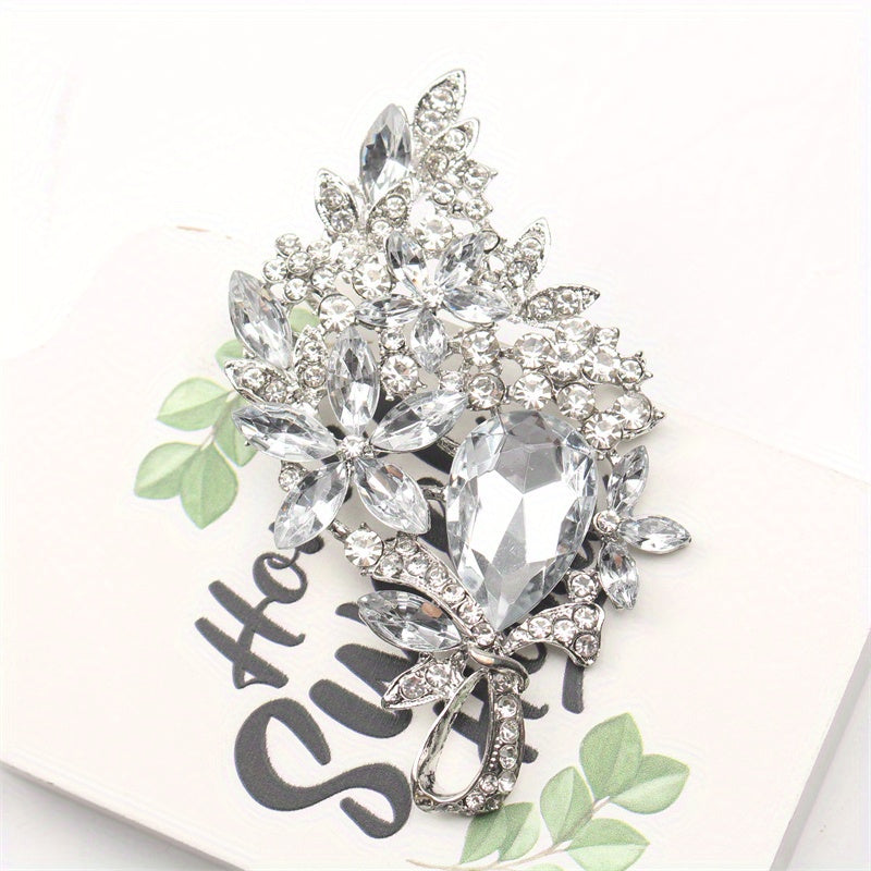 Oversized Crystal Glass Brooch with Rhinestones and Enamel Hollow-Out Design for Women