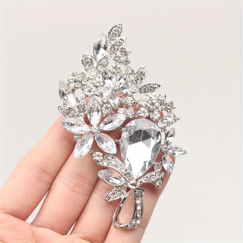 Oversized Crystal Glass Brooch with Rhinestones and Enamel Hollow-Out Design for Women