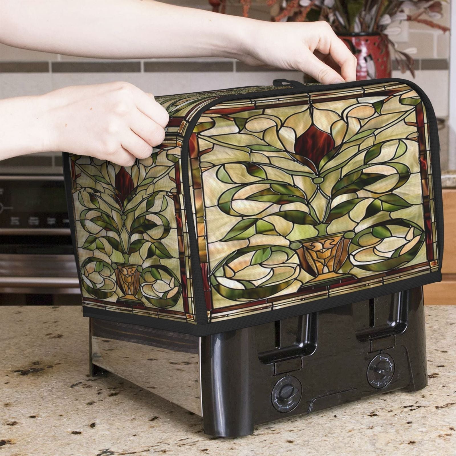 Toaster Cover for 2-Slice Bread with Stained Glass Pattern Washable Polyester Dust and Fingerprint Resistant