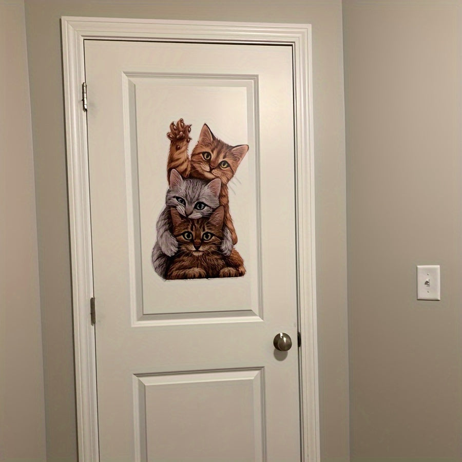 Window Sticker Featuring 3 Adorable Cats, Animal Print, Durable Plastic for Living Room or Office