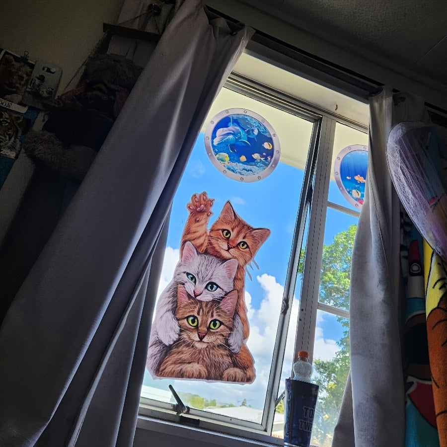 Window Sticker Featuring 3 Adorable Cats, Animal Print, Durable Plastic for Living Room or Office