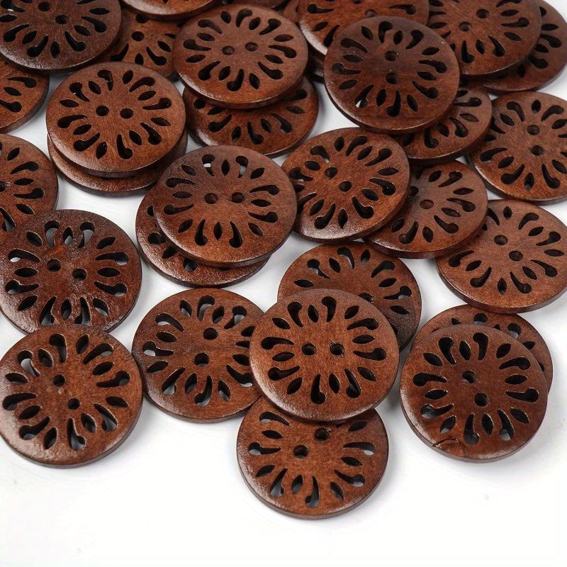 50 dona jigarrang yog'ochli xrizantema tugmalari, 20 mm, ko'ylaklar, sviterlar, palto uchun