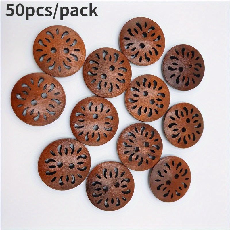 50 dona jigarrang yog'ochli xrizantema tugmalari, 20 mm, ko'ylaklar, sviterlar, palto uchun