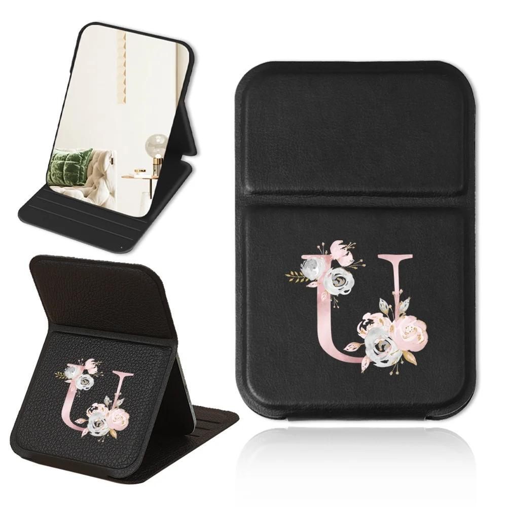Personalized Pink Floral PU Leather Folding Makeup Mirror with Monogram and Stand