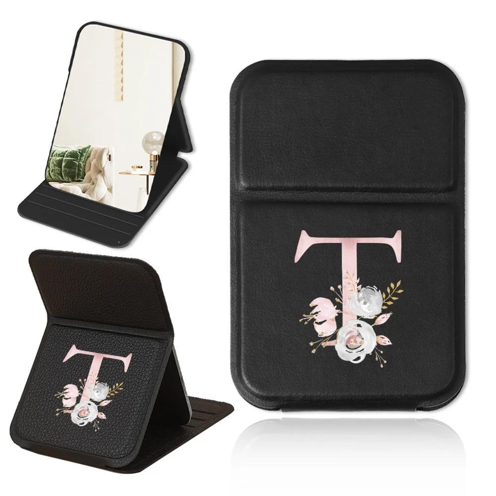 Personalized Pink Floral PU Leather Folding Makeup Mirror with Monogram and Stand
