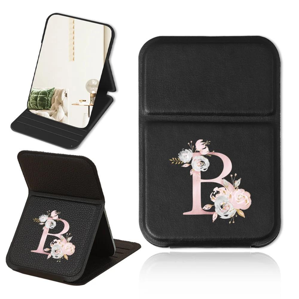 Personalized Pink Floral PU Leather Folding Makeup Mirror with Monogram and Stand