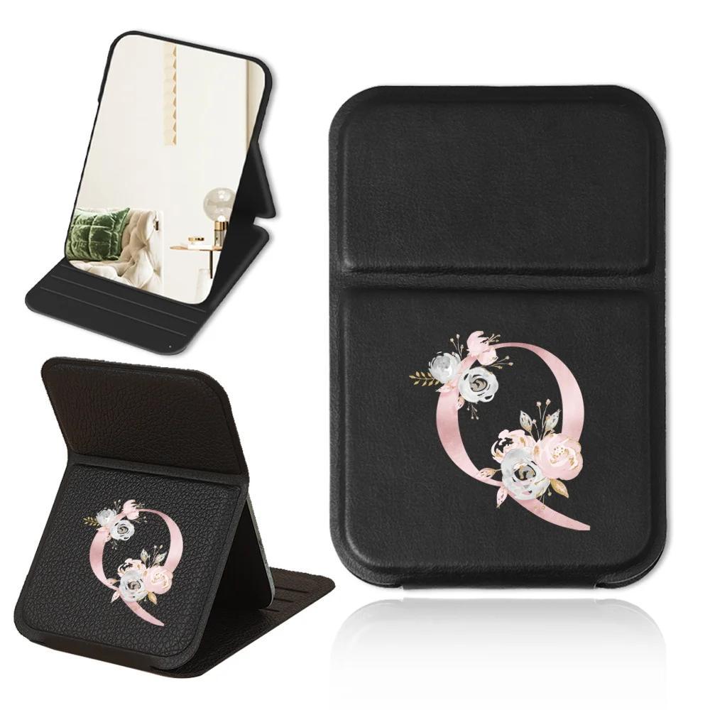 Personalized Pink Floral PU Leather Folding Makeup Mirror with Monogram and Stand