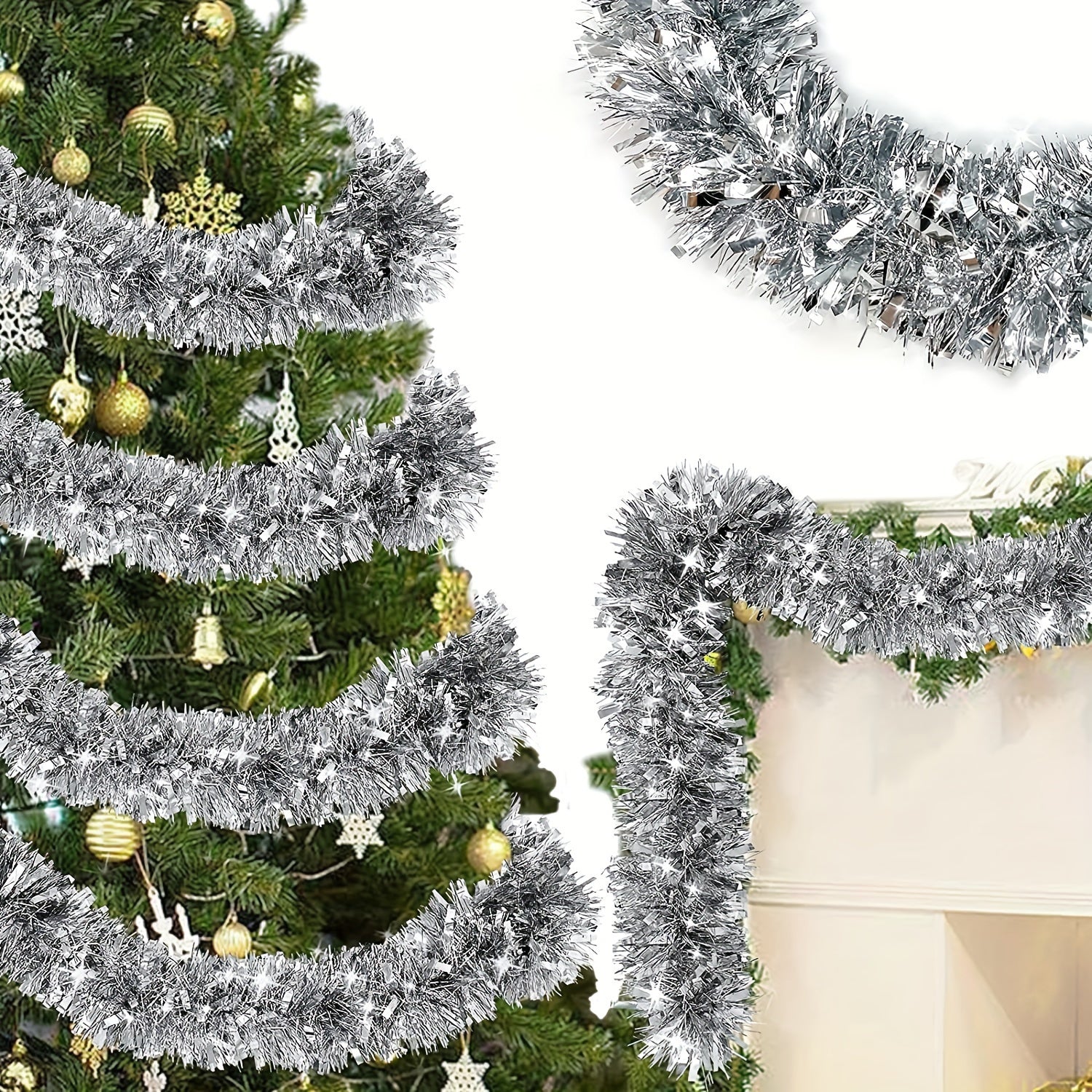 Paquete de 2 guirnaldas de plástico con tinsel para Navidad, decoración interior y exterior