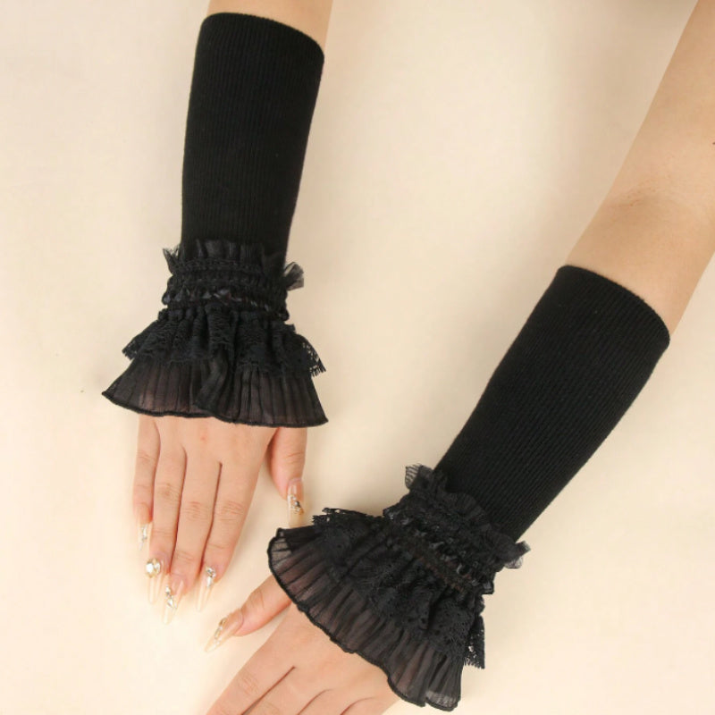 Women's Elastic Fingerless Arm Warmers with Lace Cuff and Polyester Stretch Fabric