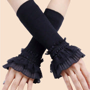 Women's Elastic Fingerless Arm Warmers with Lace Cuff and Polyester Stretch Fabric