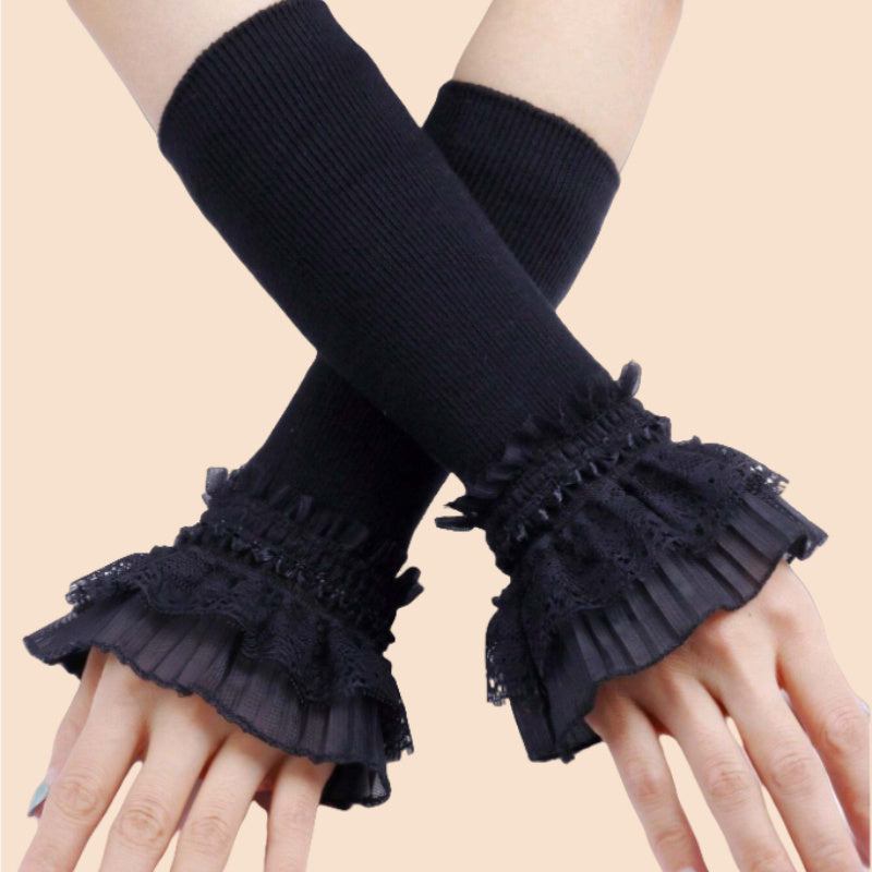 Women's Elastic Fingerless Arm Warmers with Lace Cuff and Polyester Stretch Fabric