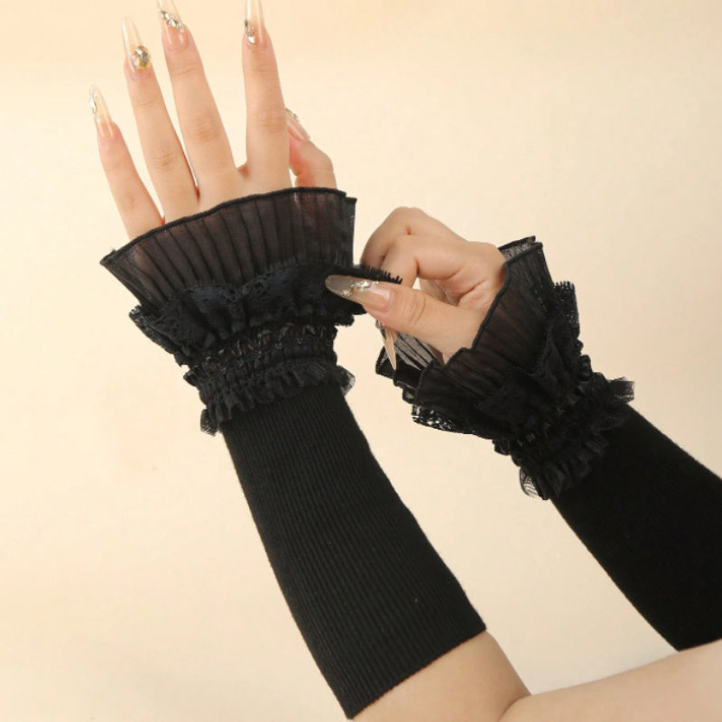 Women's Elastic Fingerless Arm Warmers with Lace Cuff and Polyester Stretch Fabric