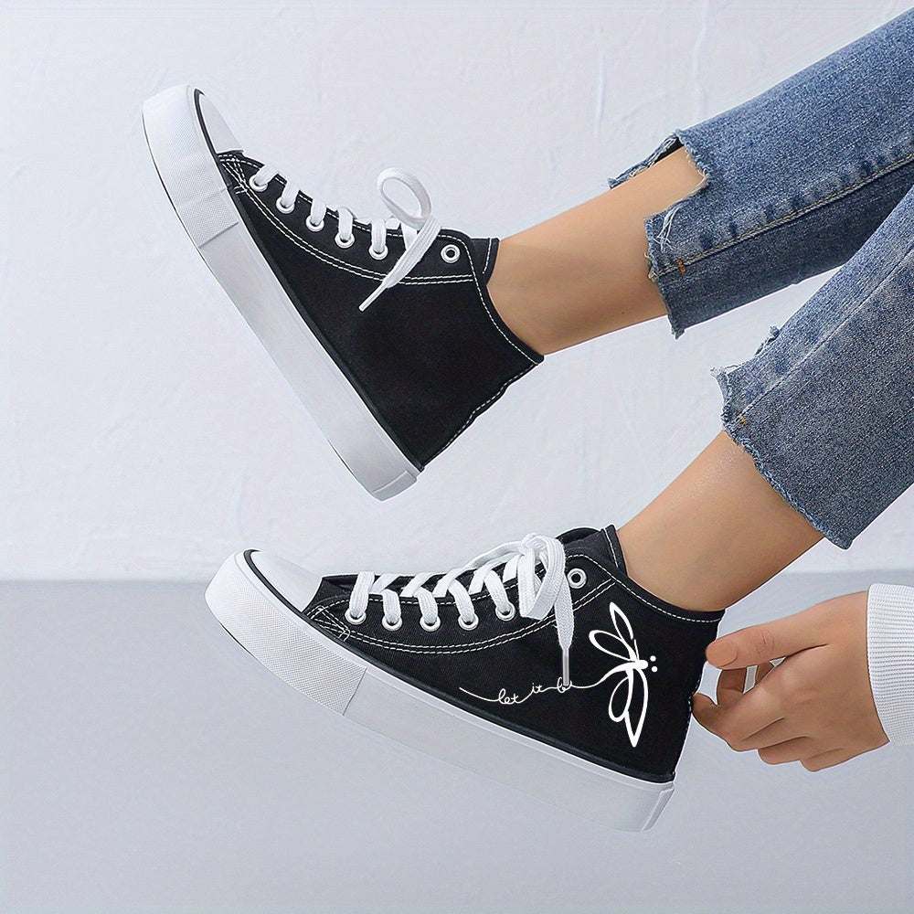 Women's Black and White Casual Skate Shoes with Laces and 2D Print