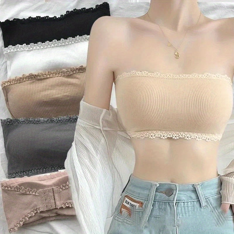 Women’s Strapless Lace Bralette Tube Top Breathable Polyester Wireless Support Opaque Woven Fabric Summer Lingerie
