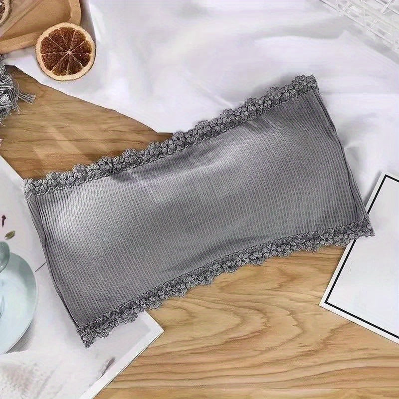 Women’s Strapless Lace Bralette Tube Top Breathable Polyester Wireless Support Opaque Woven Fabric Summer Lingerie