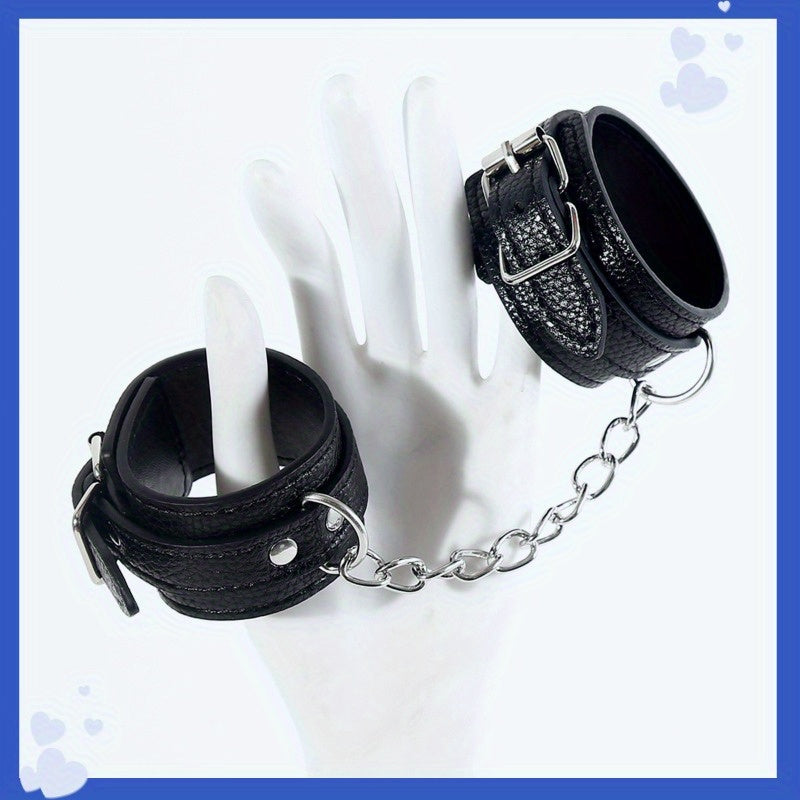 Leather Handcuffs with Adjustable Link Chain Ribbed Design for Bondage and SM Play