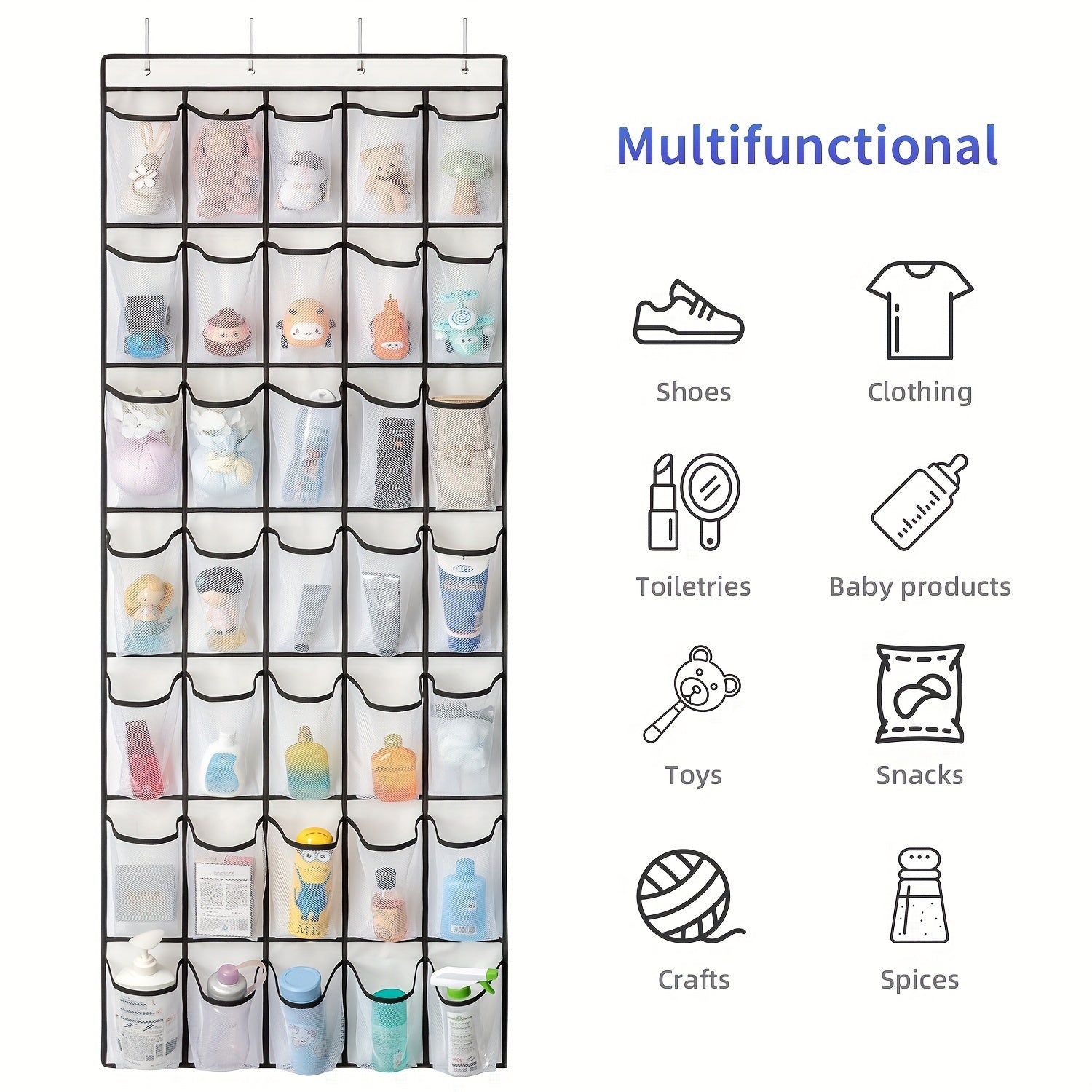 35 tarmoqli cho‘ntaklar va tutqichlar bilan oq eshik usti poyabzal tashkilotchisi, joyni tejash uchun