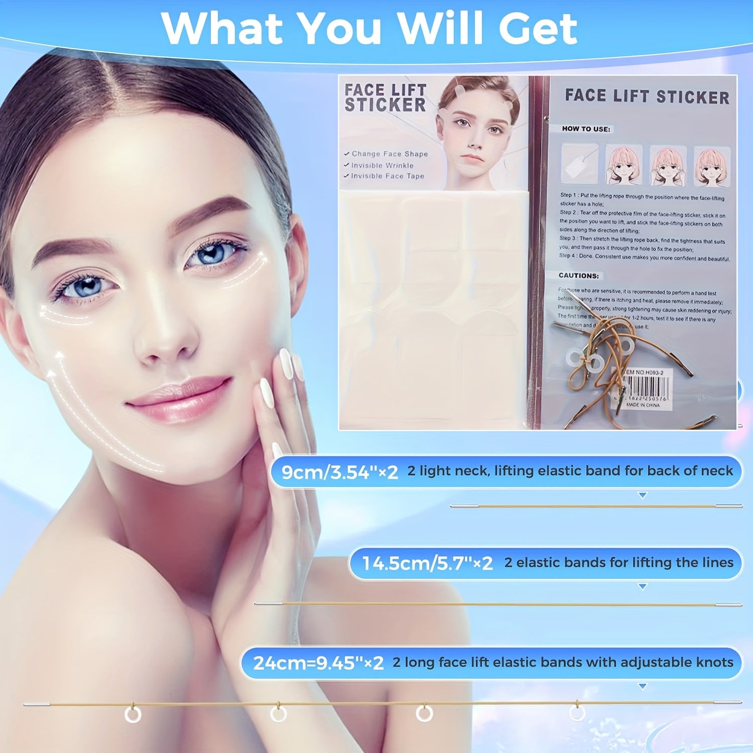 Yuz tasmasi va bandajlar to'plami 18 ta ko'rinmas yuz tasmasi va bo'yin, jag' chizig'i va ikki chin joyi uchun 4 ta sozlanadigan tasmani o'z ichiga oladi. Qayta ishlatiladigan va hidlanmagan.