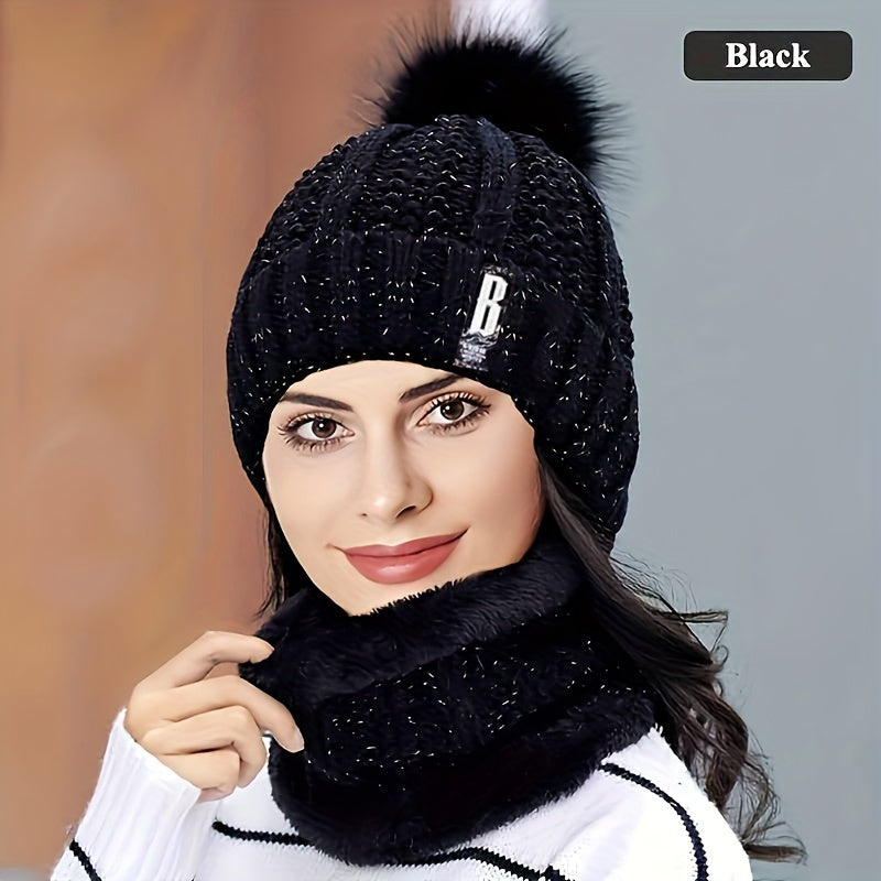 Women's Winter Knitted Scarf and Hat Set Cozy Warm Outdoor Ski Snowboarding