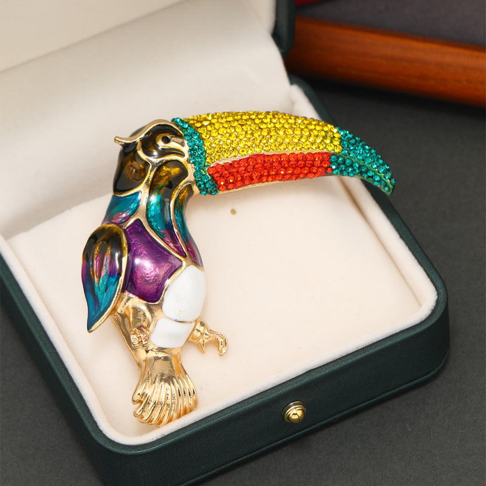 Antique Enamel Parrot Brooch with Rhinestones Oversized Bird Pin for Jackets