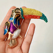 Antique Enamel Parrot Brooch with Rhinestones Oversized Bird Pin for Jackets
