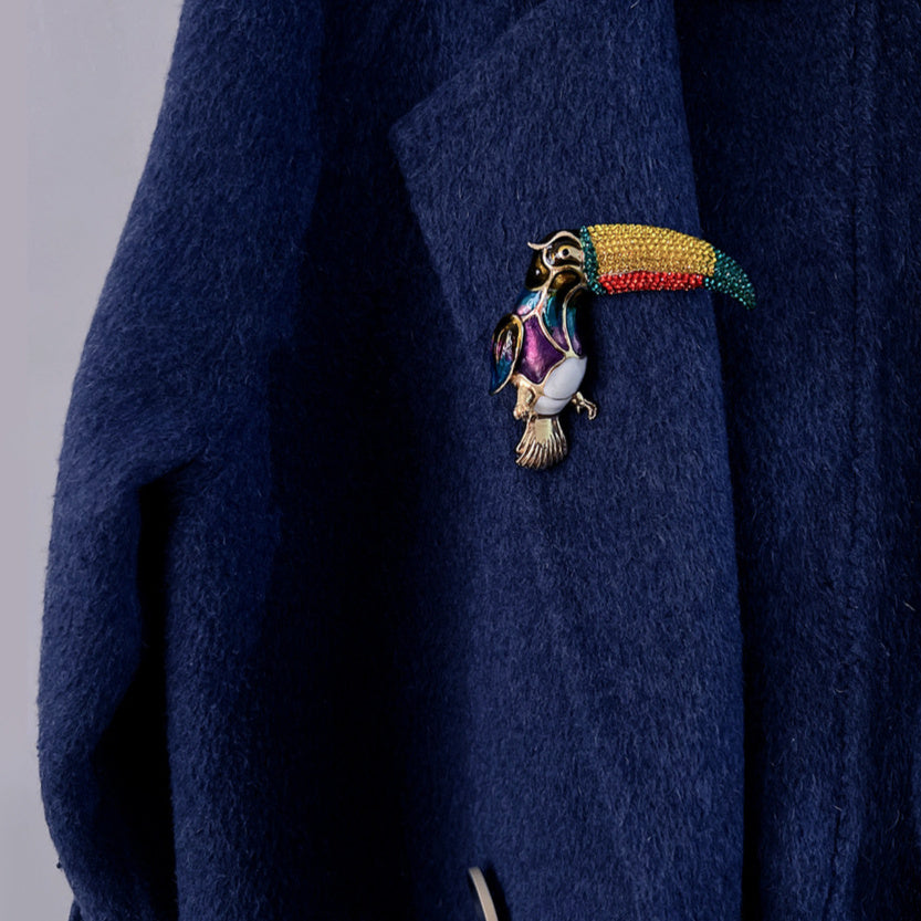 Antique Enamel Parrot Brooch with Rhinestones Oversized Bird Pin for Jackets