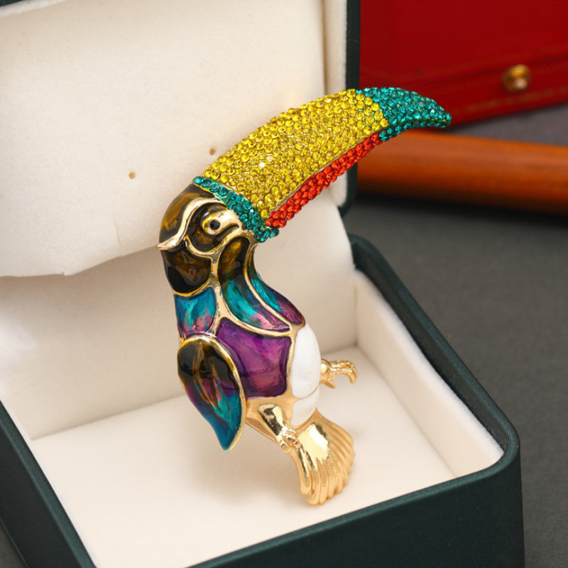 Antique Enamel Parrot Brooch with Rhinestones Oversized Bird Pin for Jackets