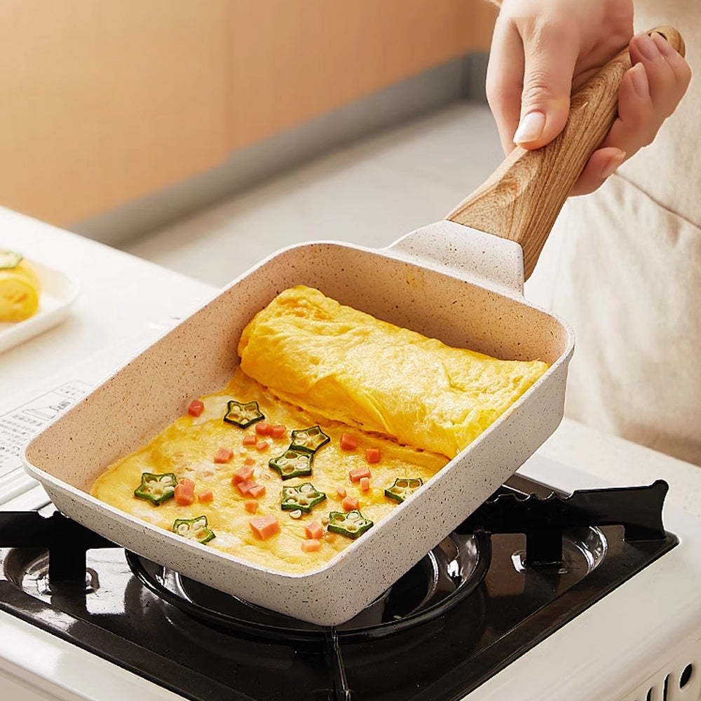 Square Egg Roll Frying Pan Non-Stick Induction Cookware with Wooden Handle