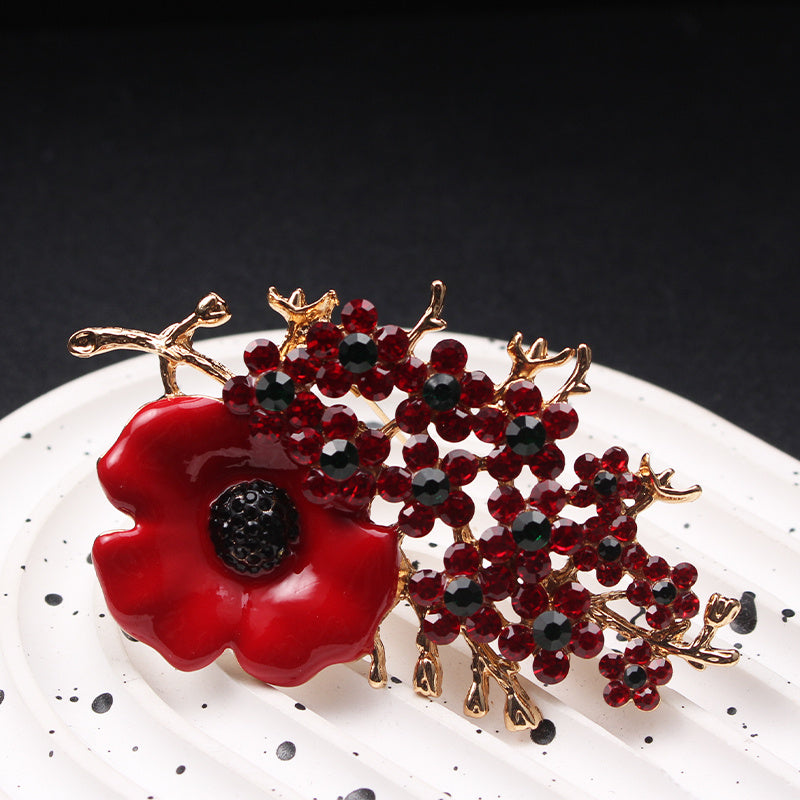 Zamonaviy Retro Moda Aksessuari: Vintage Emal Poppy Brosh Pin Rhinestone Aktsentlari va Noan'anaviy Shakldagi Gullar Dizayni bilan