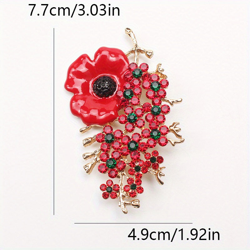 Vintage Enamel Poppy Brooch Pin with Rhinestones Floral Jewelry