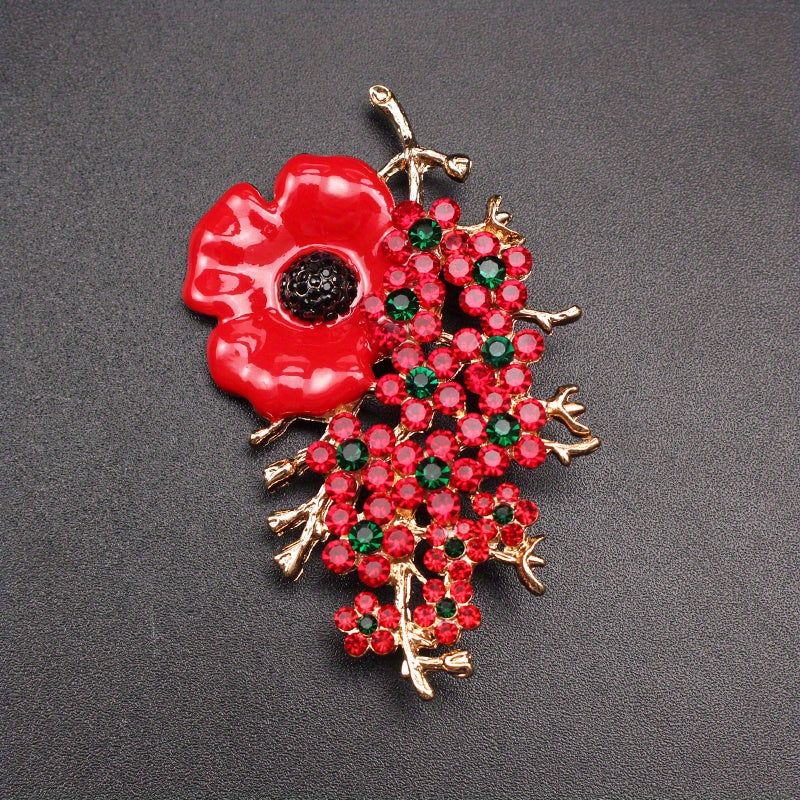 Vintage Enamel Poppy Brooch Pin with Rhinestones Floral Jewelry