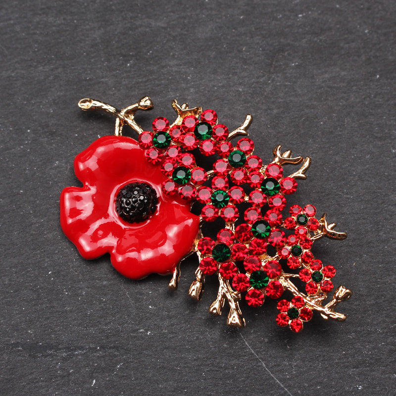 Zamonaviy Retro Moda Aksessuari: Vintage Emal Poppy Brosh Pin Rhinestone Aktsentlari va Noan'anaviy Shakldagi Gullar Dizayni bilan