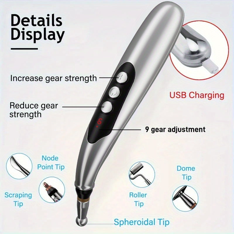 Bolígrafo de masaje eléctrico con velocidades ajustables, cabezales intercambiables, recargable por USB, alivio para todo el cuerpo