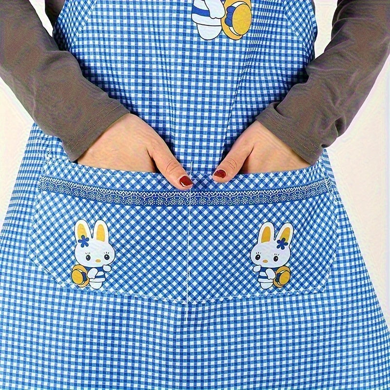 Blue Checkered Cooking Apron with Adjustable Straps Rabbit and Floral Design Oil and Stain Resistant with Pocket